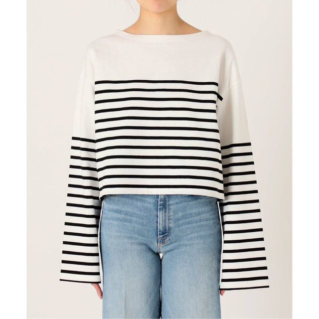 DEUXIEME CLASSE(ドゥーズィエムクラス)のDeuxieme Classe　Cropped Stripe Tシャツ　ブラック レディースのトップス(カットソー(長袖/七分))の商品写真