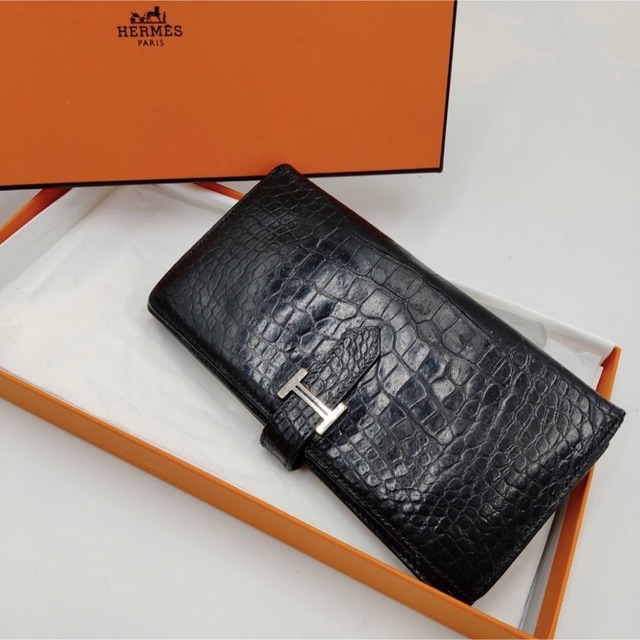 定価80万✨HERMES べアンスフレ アリゲーター 刻印□J 長財布 黒 | www