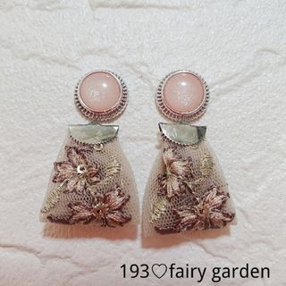 193♡2wayインド刺繍リボン×大人カボション（4color）ピアスイヤリング(ピアス)