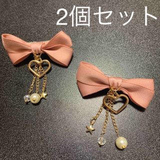 揺れる　チャーム付き　ピンク　ハートリボン　ロリータ　ヘアクリップ　2個セット(バレッタ/ヘアクリップ)