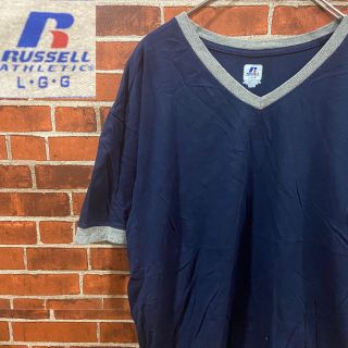 ラッセルアスレティック(Russell Athletic)のK86 RUSSELL リンガーTシャツ 古着 Tシャツ Vネック ネイビー(Tシャツ/カットソー(半袖/袖なし))