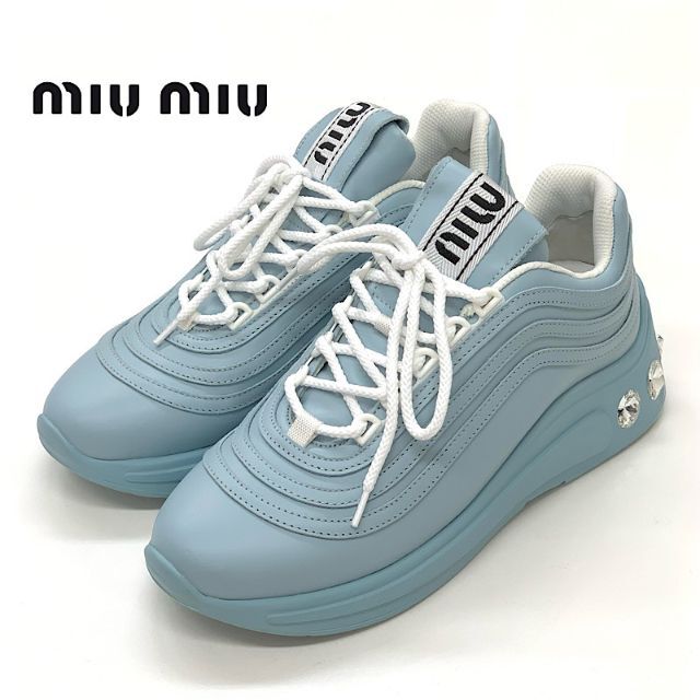 miumiu - 6327 ミュウミュウ レザー ビジュー ロゴ 厚底 スニーカー