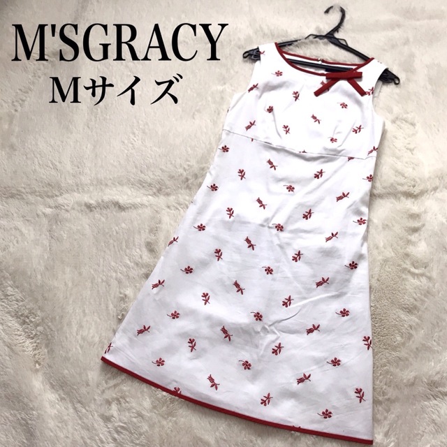 39SGRACYのMM'SGRACY エムズグレイシー リボン ワンピース 膝丈 白 赤 総柄 花柄