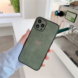 iPhoneケース　iPhone11pro他　ハート　スエード　グリーン　緑(iPhoneケース)