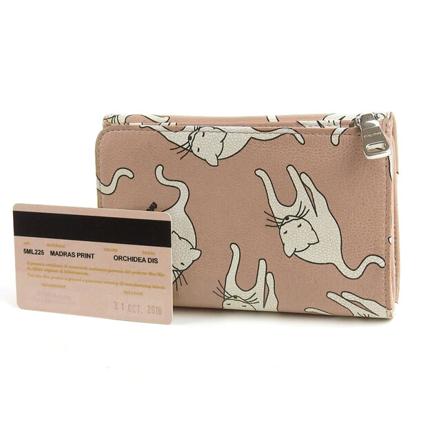 【本物保証】 ミュウミュウ MIUMIU 猫柄 ネコ キャット ホック付 三つ折り 財布 レザー ピンク系×白 5ML225 1