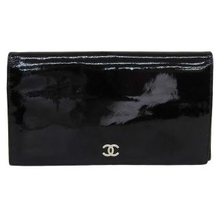 シャネル(CHANEL)の【本物保証】 シャネル CHANEL ココマーク 二つ折り 長財布 パテントレザー 黒 ブラック 6番台(財布)