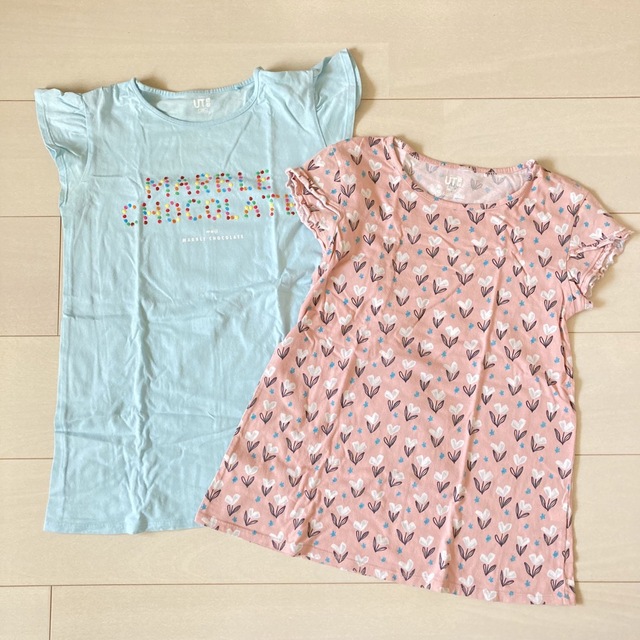 UNIQLO(ユニクロ)の【ユニクロ】キッズ　Tシャツ　２枚セット　ブルー　ピンク　マーブル　140② キッズ/ベビー/マタニティのキッズ服女の子用(90cm~)(Tシャツ/カットソー)の商品写真