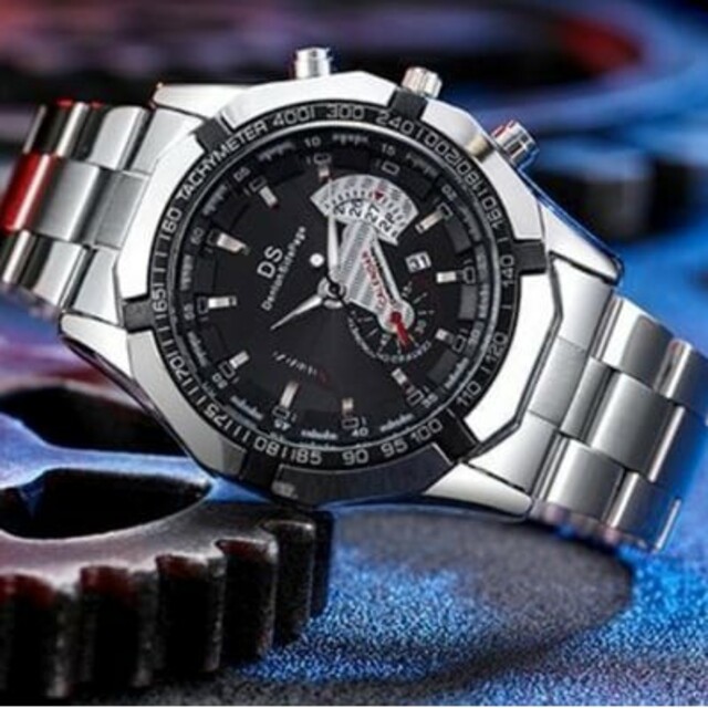 ラグジュアリー ステンレス クロノグラフ デユアル DS 腕時計 シルバー黒