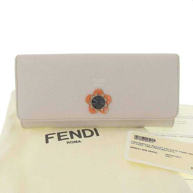 安心交換付き 【本物保証】 布袋付 フェンディ FENDI 花 フラワー ホック付長財布 レザー ライトグレー 8M0251 9PRFOY9G