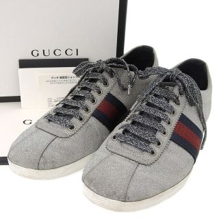 グッチ(Gucci)の【本物保証】 箱・保付 グッチ GUCCI グリッター ウェブ スタッズ スニーカー ラメ加工 シルバー 7 1/2C 2210 414684(スニーカー)