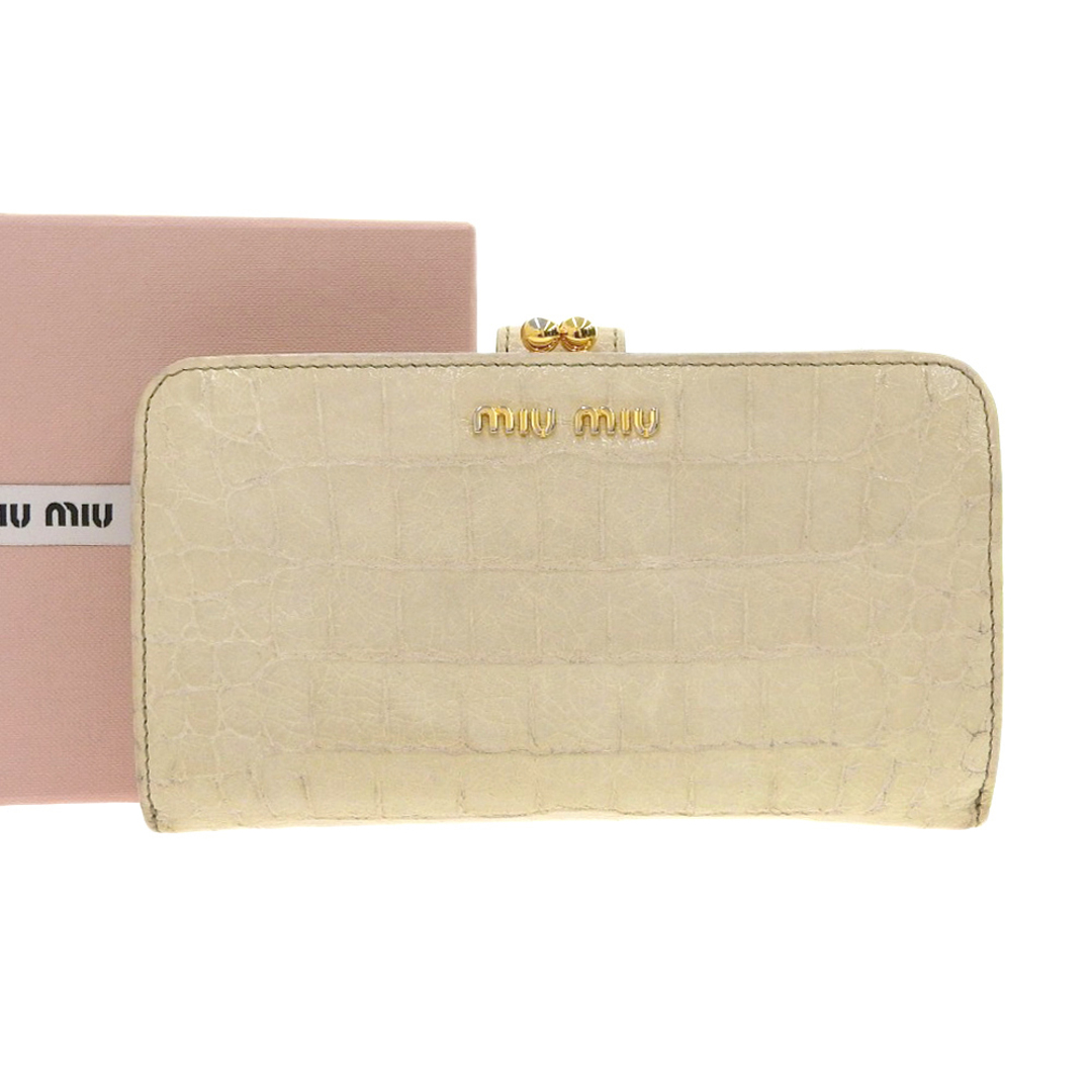 Bランク詳細【本物保証】 箱付き ミュウミュウ MIUMIU ガマ口付折財布 レザー アイボリー ゴールド金具 5M1120