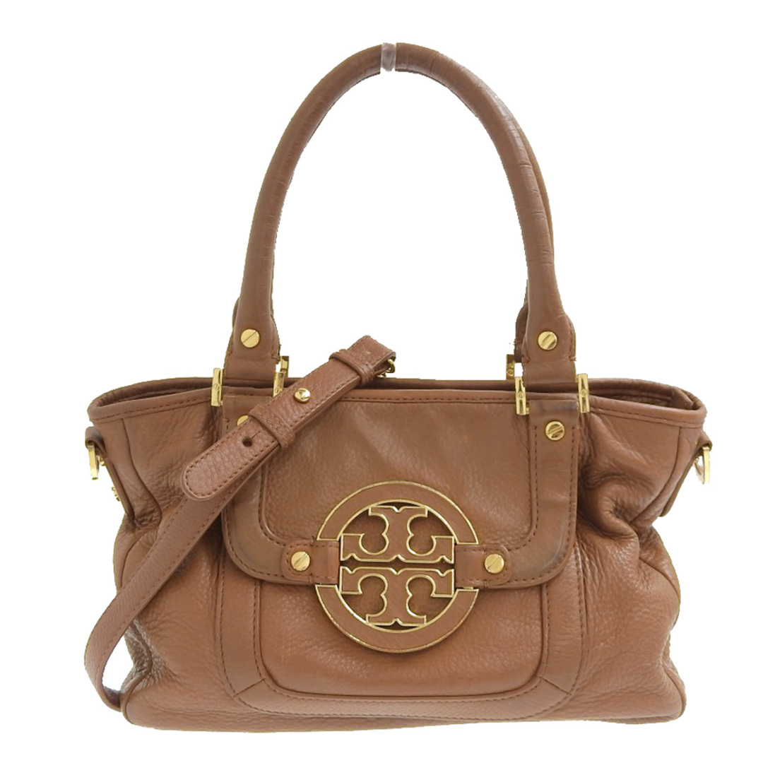 【本物保証】 トリーバーチ TORY BURCH ロゴ 2WAYバッグ レザー 茶―素材