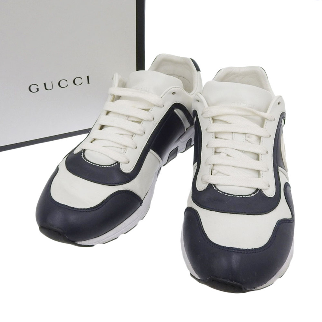 【本物保証】 箱付 グッチ GUCCI インターロッキングG スニーカー 靴 レザー ネイビー×ホワイト 6 1/2 426184靴/シューズ