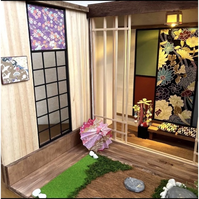 木製 ドールハウス 高さ40 お庭のある モダン和室 リバーシブル 引戸付-