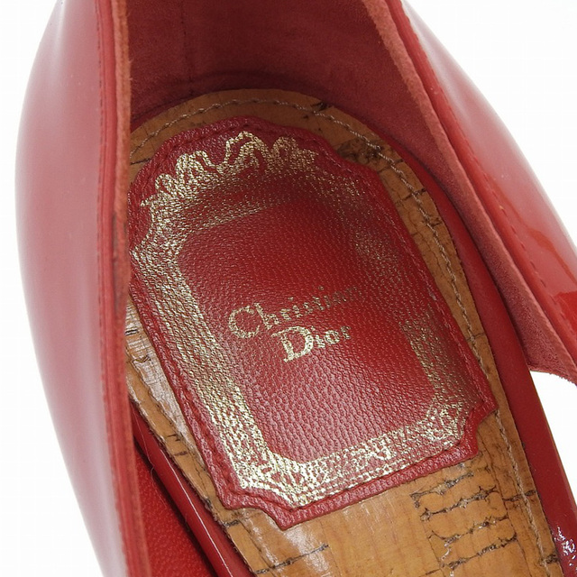 Christian Dior(クリスチャンディオール)の【本物保証】 クリスチャン ディオール CHRISTIAN DIOR ハイヒール オープン トゥ パンプス エナメル 赤 361/2 ロゴ リボン 靴 レディース レディースの靴/シューズ(ハイヒール/パンプス)の商品写真