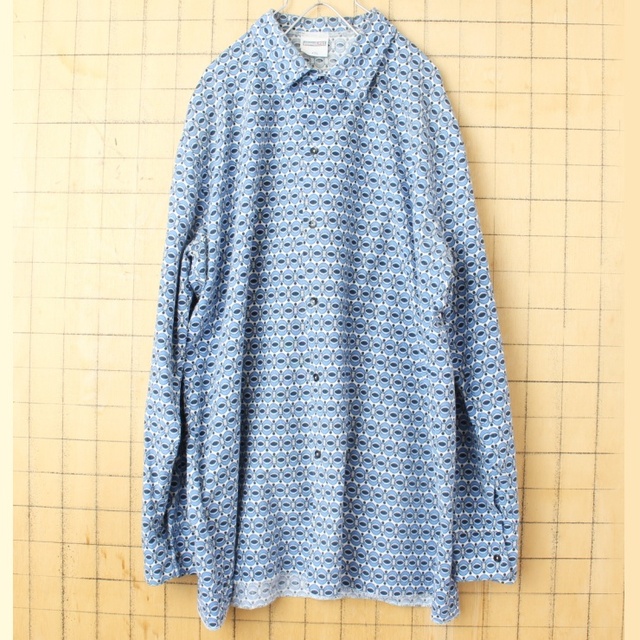 60s70s EURO permaflott総柄シャツLブルー長袖  ss137