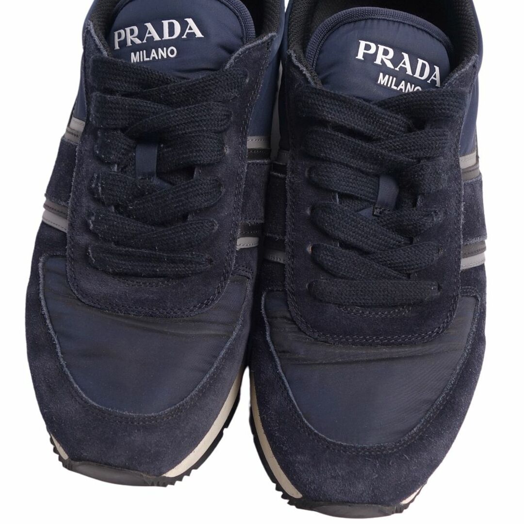 プラダ PRADA スニーカー ローカット ロゴ レースアップ スウェードレザー シューズ 靴 メンズ 6 1/2(26.5cm相当) ネイビー