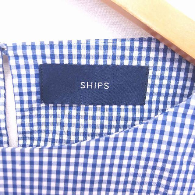 SHIPS(シップス)のシップス カットソー Tシャツ チェック パフスリーブ 半袖 36 青 白 レディースのトップス(カットソー(半袖/袖なし))の商品写真