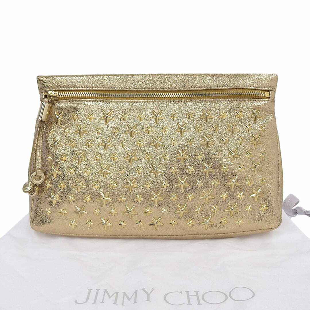 レザー仕様【本物保証】 布袋付 超美品 ジミーチュウ JIMMY CHOO ゼナ スタースタッズ パーティーバッグ クラッチバッグ レザー ゴールド