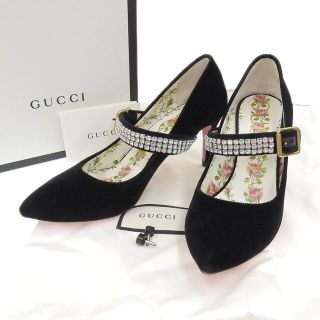 グッチ(Gucci)の【本物保証】 箱・布袋付 美品 グッチ GUCCI ヒール パンプス ラインストーン ストラップ 靴 スエード ブラック 36 1/2 494234 レディース(ハイヒール/パンプス)