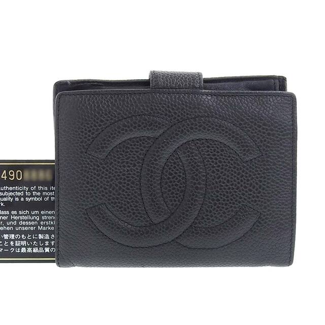 【本物保証】 保付 シャネル CHANEL ホック付 ガマ口付折財布 キャビアスキン 黒 シール付 4番台 ブティックシール(1998.8.15 K.T) A13497