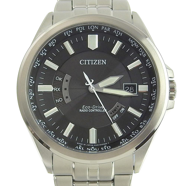 【本物保証】 箱・保付 未使用 シチズン CITIZEN エコドライブ デイト メンズ ソーラー電波 腕時計 黒文字盤 H145 S073545