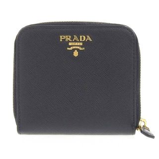 プラダ(PRADA)の【本物保証】 超美品 プラダ PRADA ロゴ コンパクトウォレット ラウンドファスナー折財布 レザー ブラック 黒 1ML522(財布)