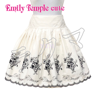 エミリーテンプルキュート(Emily Temple cute)のトランプうさぎ刺繍スカート時計うさぎ不思議の国のアリスモノトーンゴシックe(ひざ丈スカート)