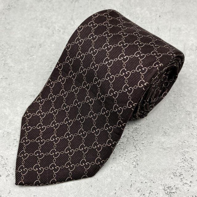 Gucci - 極美品✨ GUCCI ネクタイ GG柄 チェーン シルク100% ブラウン