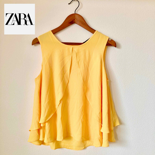 ZARA 【美品】ZARA フリル ノースリーブブラウス イエローの通販 by Yuleo ZARA ザラ オレンジ フリルノースリーブ