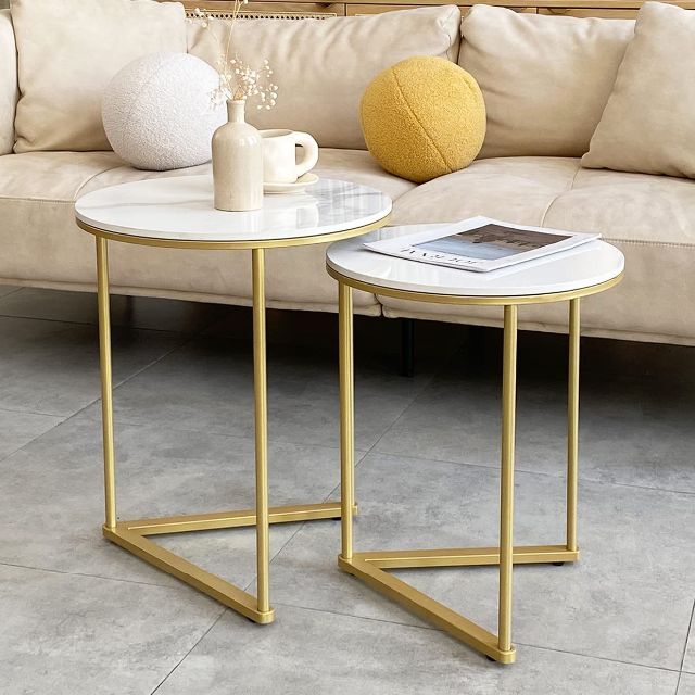 【数量限定】UNHO ネストテーブル 丸 大理石天板×ゴールド脚 サイドテーブル