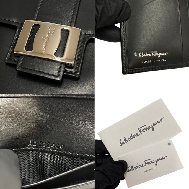 極 美品 保存箱付 Salvatore Ferragamo サルヴァトーレフェラガモ ヴァラ 金具 カーフレザー 本革 二つ折り 財布 ブラック 16538