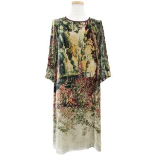 エトロ(ETRO)のETRO エトロ ワンピース ドレス マルチ ベージュ系 42(XL) ミディ 膝丈 膝下 Iライン ストレート クルーネック 七分袖 総柄 絵画 ベロア レーヨン シルク 絹 おしゃれ シンプル きれいめ 大人女子 ブランド 上品 派手 個性的 【レディース】【中古】【美品】(ひざ丈ワンピース)