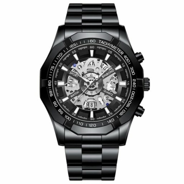 BINBOND スケルトン ラグジュアリー メンズ ステンレス 腕時計 黒