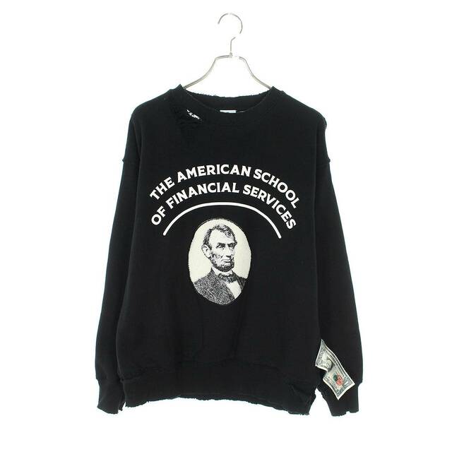 コウタオクダ KOTA OKUDA 21AW School Crew Neck Sweat -Lincoln- / Black クラッシュ加工リンカーンプリントスウェット メンズ XL