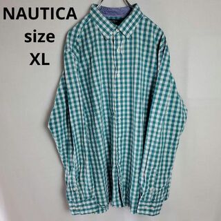 ノーティカ(NAUTICA)のノーティカ　ボタンダウン　シャツ　BD 緑×白　チェック　ビッグ　オーバー　古着(シャツ)