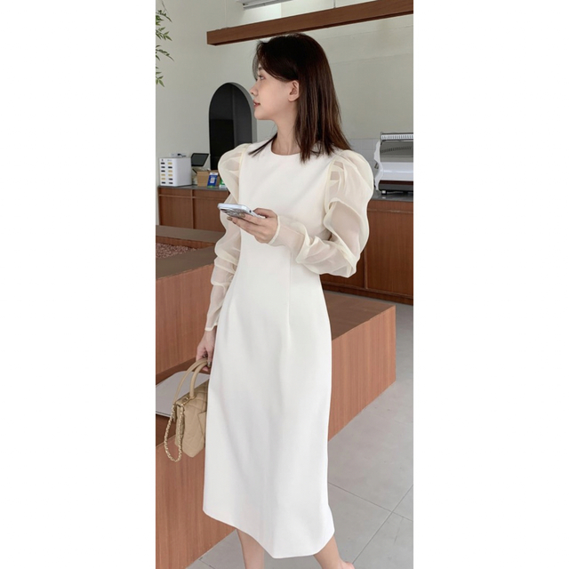 新品　未使用　即納　SHEER PUFF SLEEVE DRESS アイボリー