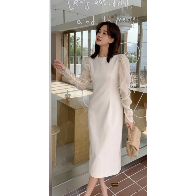 新品　未使用　即納　SHEER PUFF SLEEVE DRESS アイボリー