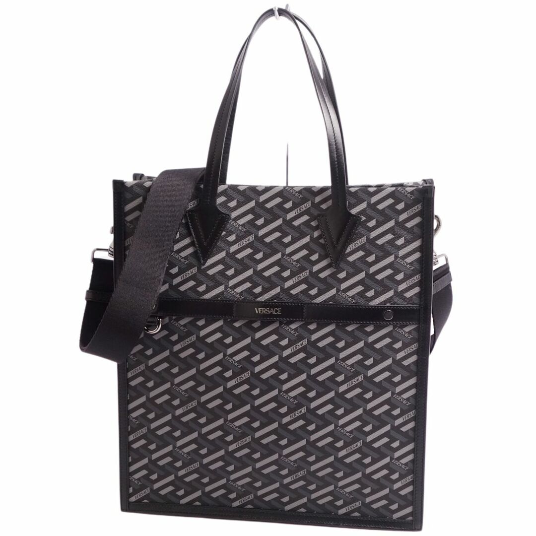 極美品 ヴェルサーチ VERSACE バッグ ラ グレカ シグネチャー トール トートバッグ ショルダーバッグ 2way キャンバス カバン メンズ グレー/ブラック | フリマアプリ ラクマ