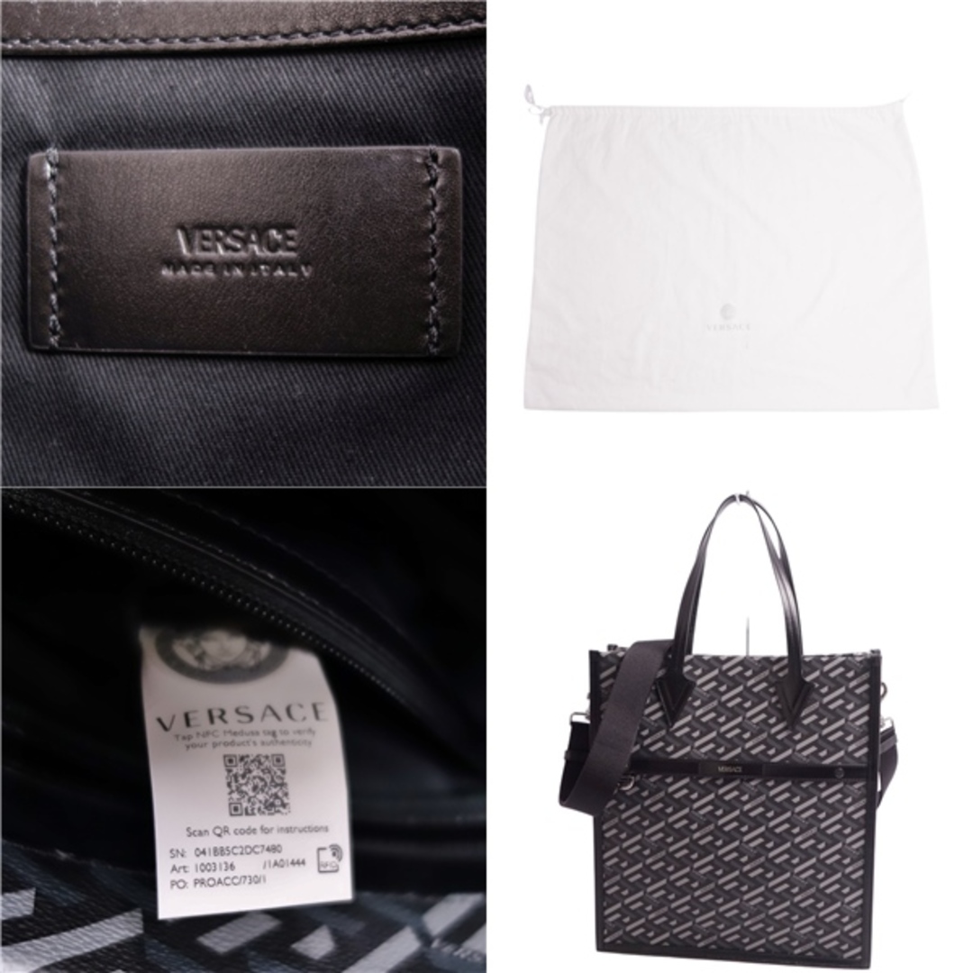 極美品 ヴェルサーチ VERSACE バッグ ラ グレカ シグネチャー トール トートバッグ ショルダーバッグ 2way キャンバス カバン メンズ  グレー/ブラック