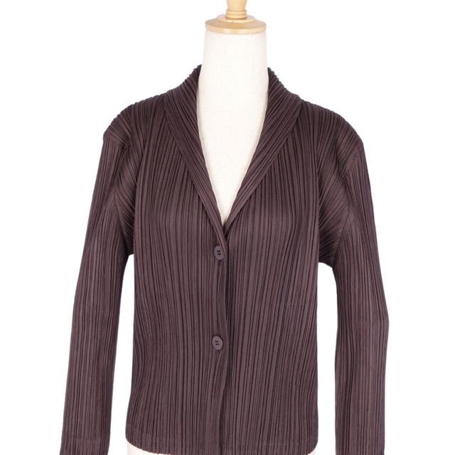 極美品 プリーツプリーズ イッセイミヤケ PLEATS PLEASE カーディガン プリーツ ロングスリーブ 長袖 トップス レディース 3(L相当) ブラウン