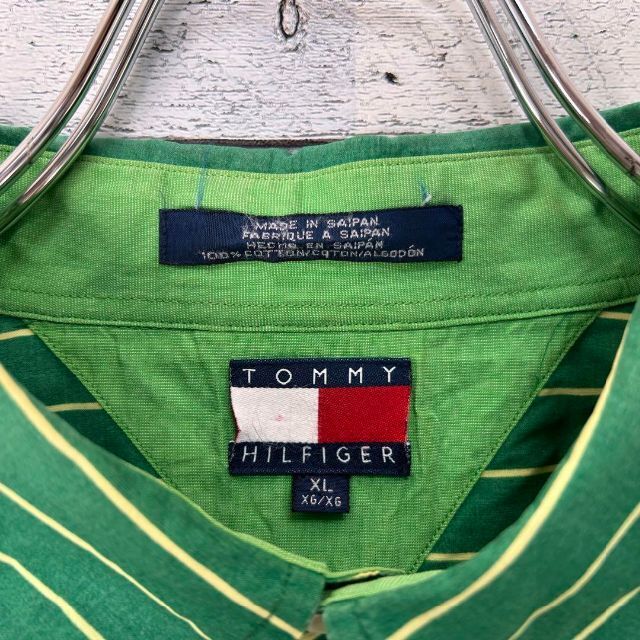 TOMMY HILFIGER(トミーヒルフィガー)の【希少‼︎】トミーヒルフィガー 刺繍ロゴ 半袖 BDシャツ ストライプ 緑黄 メンズのトップス(シャツ)の商品写真