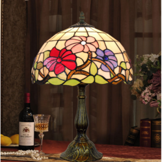 大型古風ステンドグラスランプ  花形テーブルランプ 卓上照明 高さ67㎝★時代物
