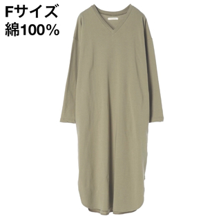 ショコラフィネローブ(chocol raffine robe)のFサイズ　コットン100% Vネック　ワンピース　カーキ グリーンパークス(ロングワンピース/マキシワンピース)