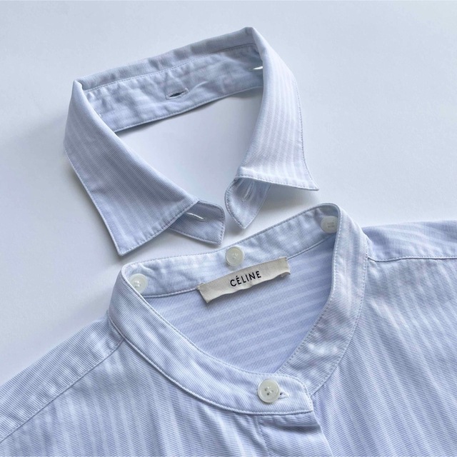 celine(セリーヌ)の美品 セリーヌ タキシードシャツ 34 ブルー ストライプ 4way レディースのトップス(シャツ/ブラウス(長袖/七分))の商品写真