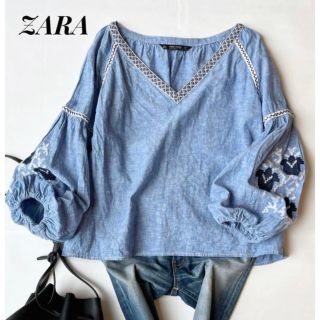 ザラ(ZARA)のZARA BASIC ザラベーシック　デニム刺繍リネン混ブラウス(シャツ/ブラウス(長袖/七分))