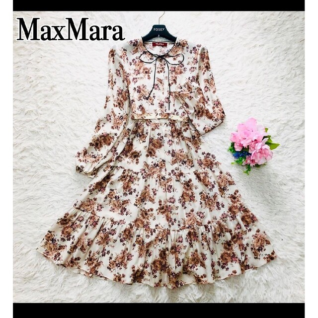 MaxMara シアー 膝丈ワンピース 花柄 ベルト付き 40サイズ - ひざ丈