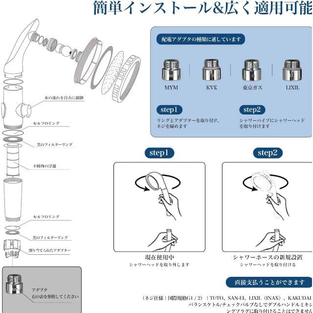 シャワーヘッド 塩素除去剤 節水 浄水 止水ボタン 水流調整 角度調整コットンフ 6