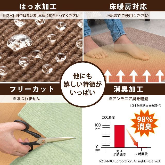 【日本製 撥水 消臭 洗える】サンコー ずれない タイルカーペット 30×30c