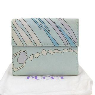 エミリオプッチ(EMILIO PUCCI)の【本物保証】 布袋付 美品 エミリオプッチ EMILIO PUCCI 柄 ロゴ コンパクトウォレット ダブルホック折り財布 レザー ライトブルー(財布)